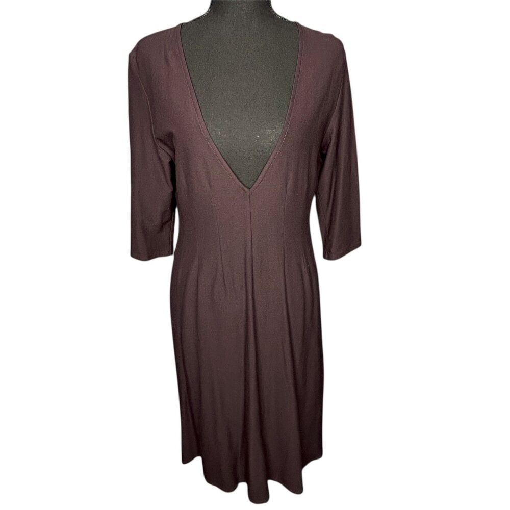 Eileen Fisher Womens Brown V-Neck Midi Swing Dress Sz M Minimalist Pleated Flowy